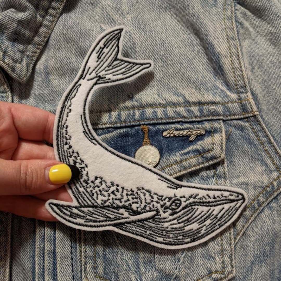 White Moby Embroidered Iron on Patch | Whale Patch | Nature Patch ...