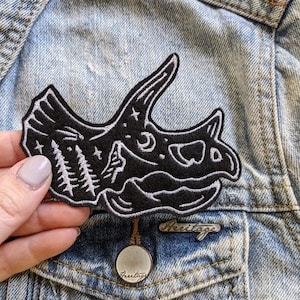 Dino Silhouette Iron On Patch, Triceratops, Skeleton, Lineart, Black and White