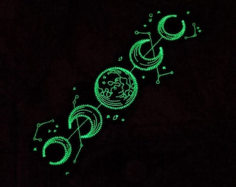 GLOW in the DARK Vintage Celestial Moon Phases Embroidered Iron On Patch | Space Patch | UV Patch | Ultraviolet Patch | Lunar Patch