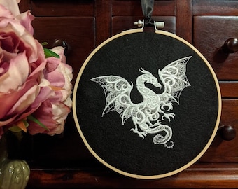 Lace Dragon Embroidered Wall Decor, Machine Embroidery, Wall Hanging, Gothic Decor, Homewares, Housewarming Gift, House Decoration, Baroque