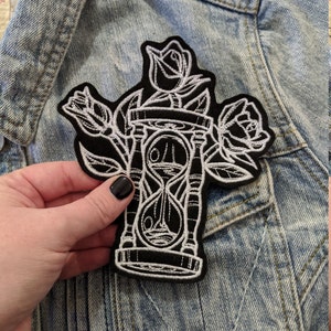 Black Linework Hourglass Iron On Patch | Embroidered Patch | Patches for Denim Jackets | Embroidered Applique | Mystical Patch | Sketch
