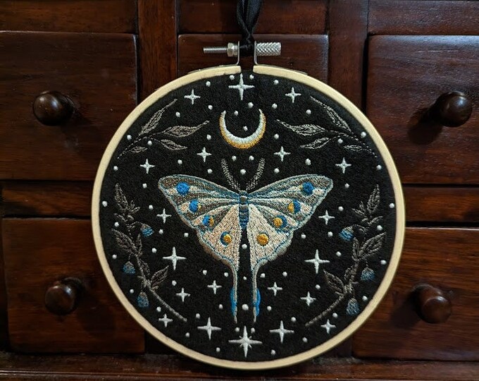 Lunar Moth Embroidered Wall Decor, Machine Embroidery, Wall Hanging ...