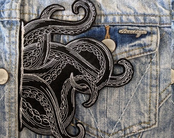 Gambe di polpo nero ricamate con ferro su toppa / toppa ricamata in feltro / natura / toppe per giacche di jeans / applique tentacolare ricamata