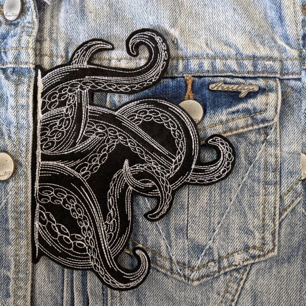 Black Octopus Legs Embroidered Iron On Patch | Embroidered Felt Patch | Nature | Patches for Denim Jackets | Embroidered Tentacle Applique