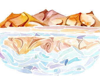 Lakeside Reflection Mountain Watercolor Art Print