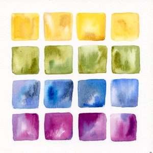 K&ouml;nnte beinhalten: Ein Aquarellbild mit 18 Quadraten in verschiedenen Farbt&ouml;nen von Gelb, Gr&uuml;n, Blau und Lila. Die Quadrate sind in einem Raster angeordnet.