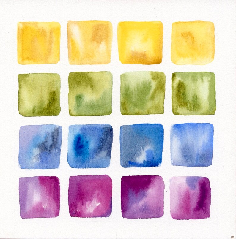 K&ouml;nnte beinhalten: Ein Aquarellbild mit 18 Quadraten in verschiedenen Farbt&ouml;nen von Gelb, Gr&uuml;n, Blau und Lila. Die Quadrate sind in einem Raster angeordnet.