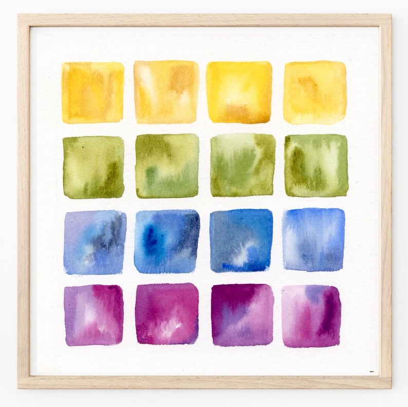 K&ouml;nnte beinhalten: Ein Aquarellbild mit 16 Quadraten in vier Reihen zu je vier. Die Quadrate sind in Gelb-, Gr&uuml;n-, Blau- und Lilat&ouml;nen bemalt.