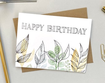 Peaceful Leaves Birthday Card | Ink and Watercolour Leaves | Hand-Lettered Birthday Card | Botanical Watercolour | Green and Yellow Leaves