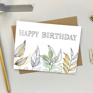 Peaceful Leaves Birthday Card | Ink and Watercolour Leaves | Hand-Lettered Birthday Card | Botanical Watercolour | Green and Yellow Leaves