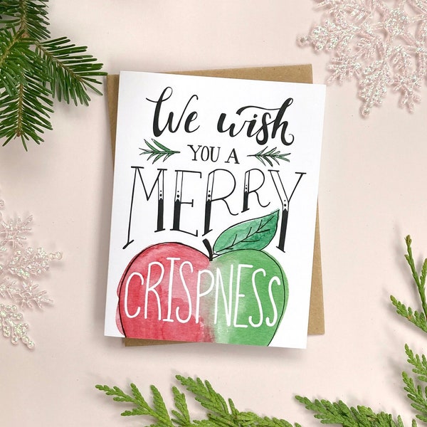 We Wish You a Merry Crispness Card | Funny Christmas Card | Watercolor Christmas Card | Apple Christmas Card | 6 Pack of Holiday Cards