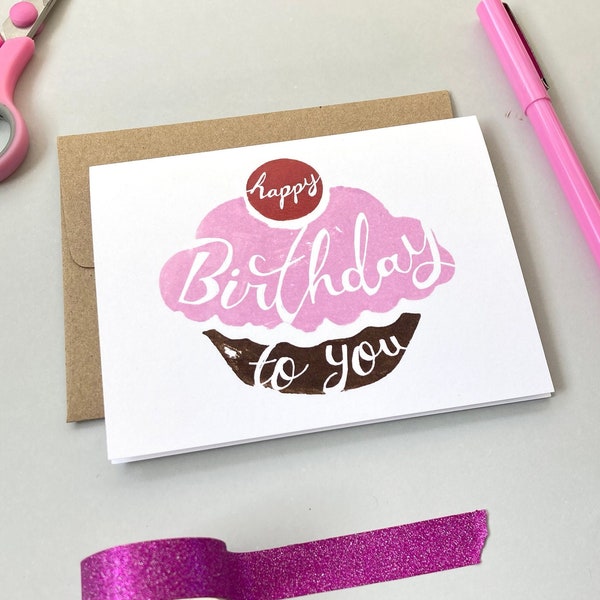 Hand-Lettered Cupcake Birthday Card | Birthday Card | Happy Birthday to You | Cupcake Card