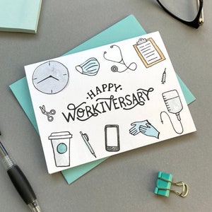Tessera per anniversario di lavoro medico / Tessera per anniversario di lavoro medico / Tessera per collega / Tessera per dipendente / Tessera per infermieri / Confezione da 6 carte