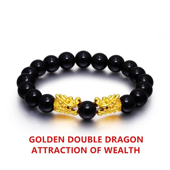 Golden 24k Double Dragon Obsidian Six Syllables Bracelet Etsy Golden 24k Double Dragon Obsidian Six Syllables Bracelet Etsy