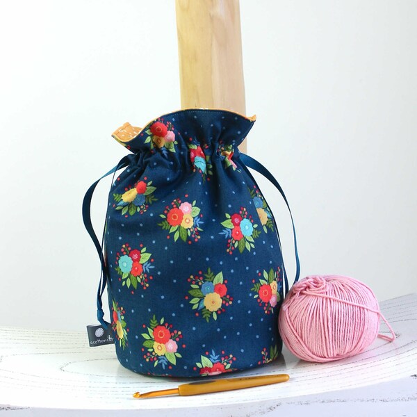 Crochet project bag, wool ball storage pouch, flower fabric work bag