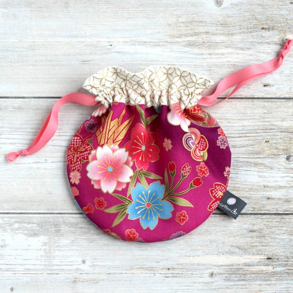 Pochette japonaise tissu fleurs, pochon rond, accessoire japonais