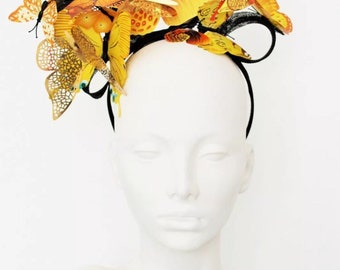 Black Yellow and gold butterfly fascinator hatinator by Ms Lyall Millinery