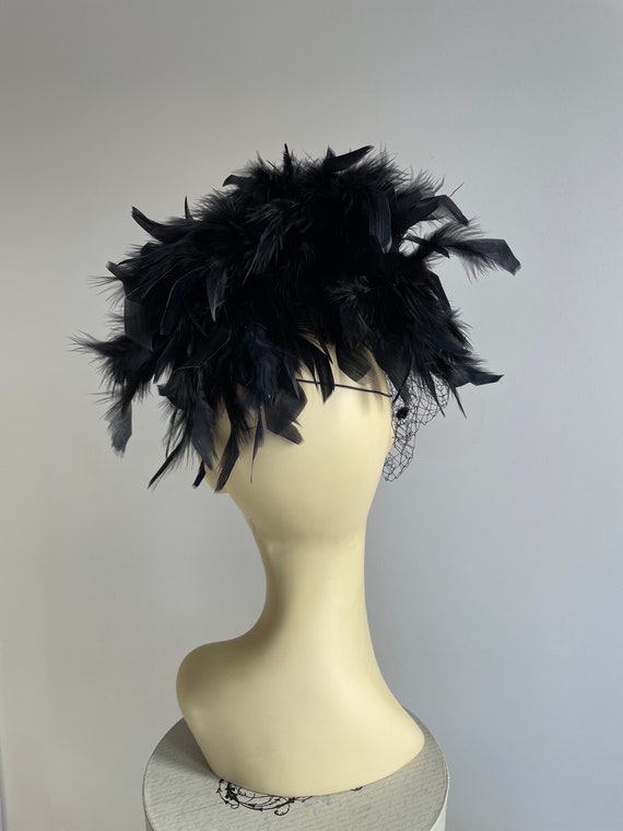 Black felt pillbox Hat cocktail hat with feather … - image 4