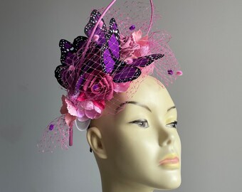 pink, lilac, purple and black Monarch Butterfly Fascinator Headband by Ms Lyall Millinery Cocktail Hat