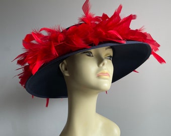 Chapeau vintage rouge et bleu marine avec plumes, chapeau de mariage course cocktail