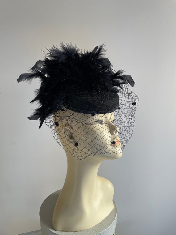 Black felt pillbox Hat cocktail hat with feather … - image 5
