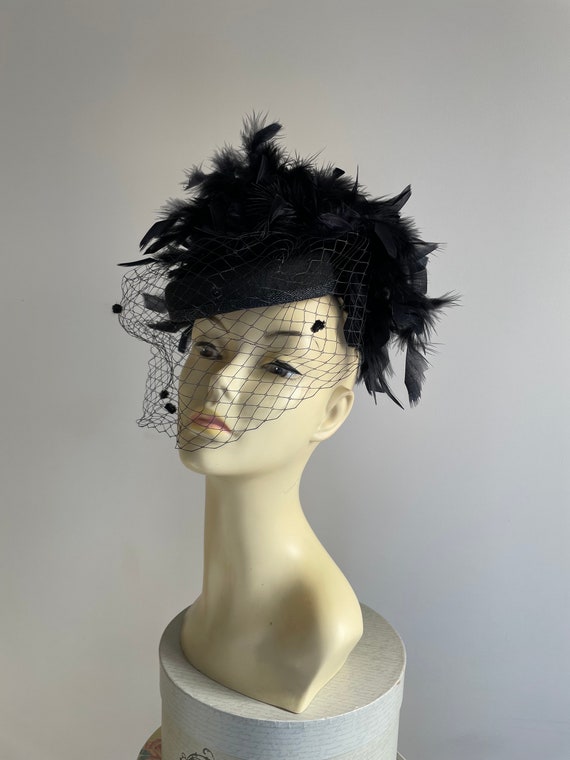 Black felt pillbox Hat cocktail hat with feather … - image 2