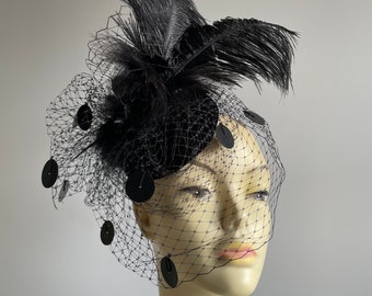 Black pillbox Hat cocktail hat with veil and feather plume perching hat show girl