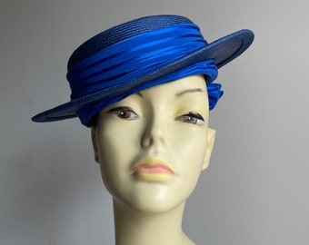 Blue vintage hat by Frederick fox Millinery ladies blue sisal straw cocktail races hat with box