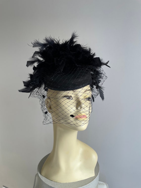 Black felt pillbox Hat cocktail hat with feather … - image 3