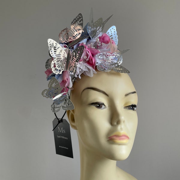 White, pink, Periwinkle and Silver butterfly Fascinator Headband by Ms Lyall Millinery Cocktail Hat