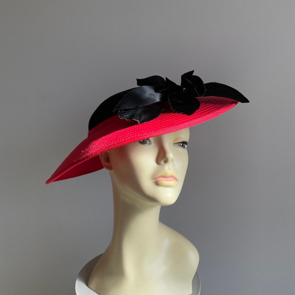 Black and red vintage ladies Hat with brim and flower by gold label by right impressions