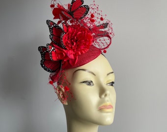 Red and black Monarch Butterfly Fascinator Headband Cocktail Hat