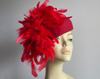 Red vintage ladies pillbox Hat veil cocktail races hat by marida