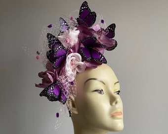 Bandeau bibi papillon monarque violet, lilas, rose et noir par Mme Lyall Millinery Chapeau de cocktail