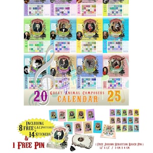 Kalender klassieke muziek 2025 - grappige geweldige dierencomponisten Wandkalender voor muzikanten en muziekleraren 1 GRATIS pin 8 kaarten en 14 stickers