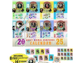 Classical Music Calendar 2025 - Funny Great Animal Composers Wall Calendar for Musicians & Music Teachers 1 FREE Pin 8 Cards and 14 Stickers