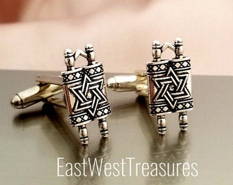 Jewish Star of David Torah cufflinks and Tie Lapel Pin, Jewish Wedding anniversary Rosh Hashanah Gift for Men Him
