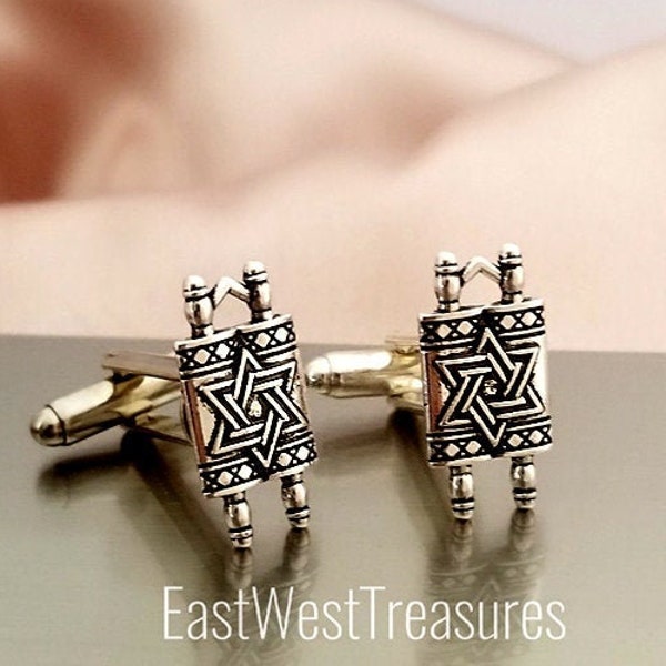 Jewish Star of David Torah cufflinks and Tie Lapel Pin, Jewish Wedding anniversary Rosh Hashanah Gift for Men Him