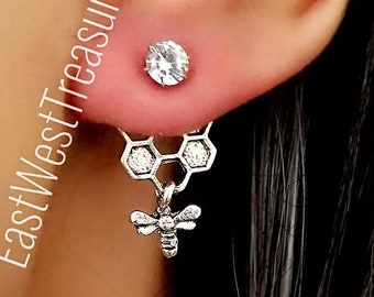 Honey Bee Earrings, Honeycomb Earring, Silver Bumble Bee Beehive Earrings, Jewelry gift for little girls women teens her