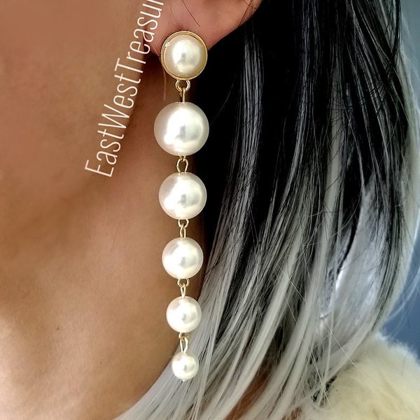 Pearl tier ball drop earrings, Long Large Pearl dangle drop earrings, Ball drop Long earrings, Statement Trending Jewelry