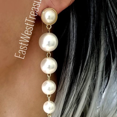 Pearl Tier Ball Drop Earrings Long Large Pearl Dangle Drop Etsy