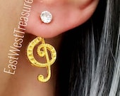 Gold Music Clef note Stud earrings- Ear jacket stud earrings-Music Note Musician jewelry gift for teens women her-steel studs