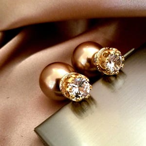 Champagne Pearl Double Ball  Ball Back Stud Earrings, front Back stud Ear Jackets