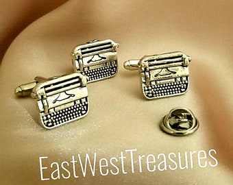 Typewriter writer author tie clips tack cuff links cufflinks set- Typewriter writer author blogger suit tie accessories- Gift for men