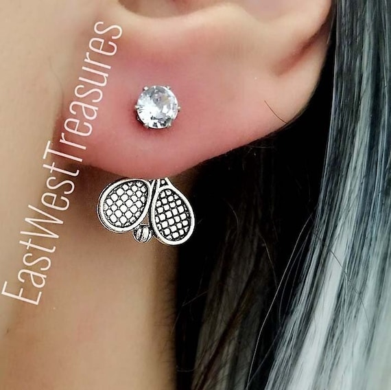 Tennis Racket Stud Earrings Front Back Tennis Ear Jackets