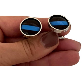 Thin Blue Line Cufflinks, Police Cufflinks Lapel Tie Pin Brooch, Law Enforcement Police Officer gift for men Him
