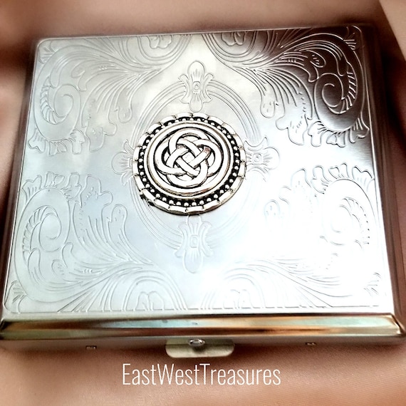 pot cigarette holder Celtic Dara Knot Irish Cross Box, Metal Weed Cannabis Cigar Case Credit Card Organizer Men Women Marijuana Leaf Genuine Leather Cigarette