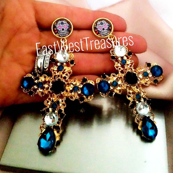 Large gold Rhinestone Victorian Cross Dangle drop Statement Earrings for women