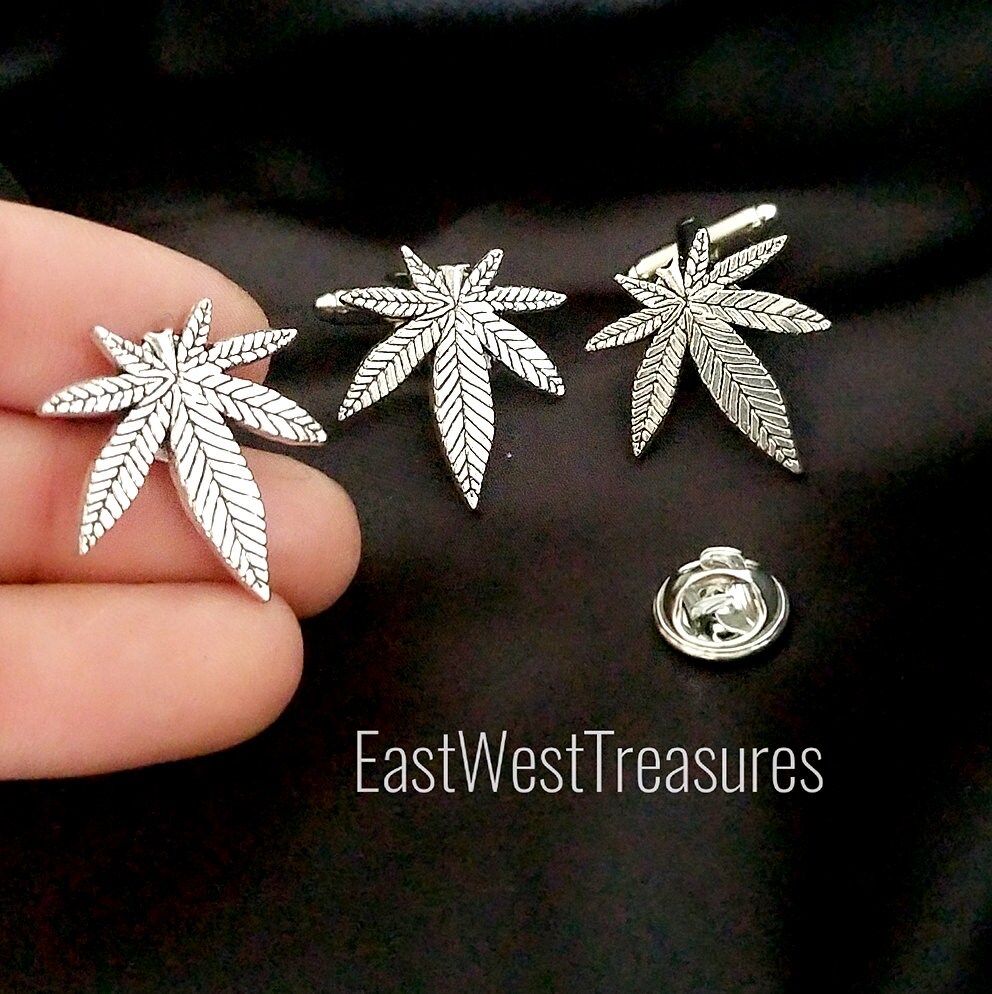 Weed Cannabis Marijuana Pot Leaf Cufflinks, Cuff Links, Lapel Tie Pin ...