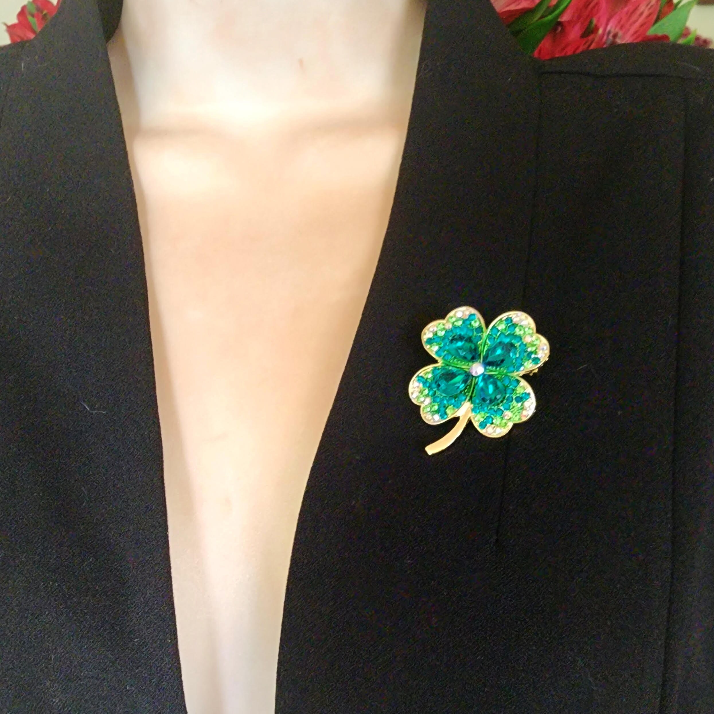 Irish Lucky Four Leaf Clover Gift for Women, Emerald Green Pin